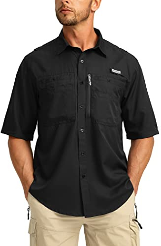 Men's Fishing Shirts with Zipper Pockets UPF 50+ Lightweight Cool Short Sleeve Button Down Shirts for Men Casual Hiking(Black, 3X-Large-New)