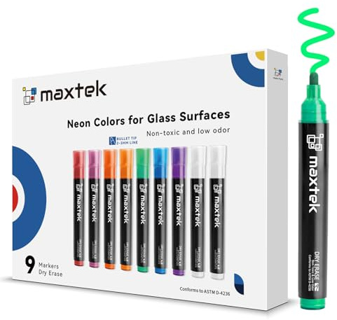 maxtek Neon Dry Erase Markers for Glass,Window Markers for Dry Erase Board,Chalkboard,LED Note Board,Acrylic Refrigerator Calendar,Bullet Tip,Low Odor,Assorted Colors,9 Count