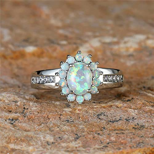 Anillo De Piedra De Ópalo De Fuego Blanco para Mujer, Joyería De Color Plateado Ovalado Grande Bohemio, Anillos De Compromiso De Boda Vintage para Mujer
