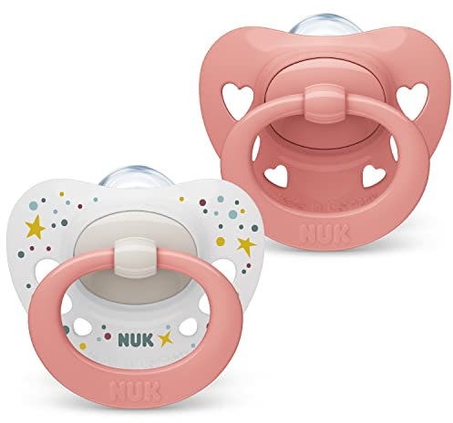 NUK Signature ciuccio | 0-6 mesi | Calma il 95% dei bambini | Succhietti a forma di cuore in silicone senza BPA | Custodia compresa | Cuori rosa | 2 pezzi