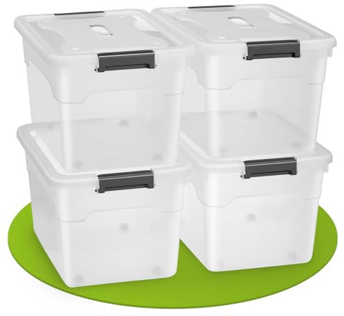 Juskys scatola per conservazione con coperchio - Set da 4 scatole in plastica 60l - Scatola grande, impilabile, trasparente - Sistema di organizzazione per conservazione