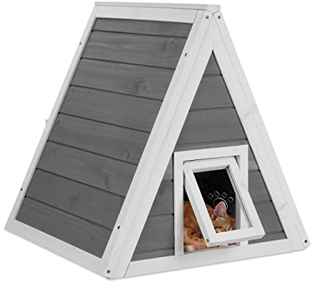 Relaxdays Casa Gatos, Casita Mascotas Madera, para Exterior, 54 x 52 x 64 cm, 2 Entradas, Techo Puntiagudo, Gris/Blanco