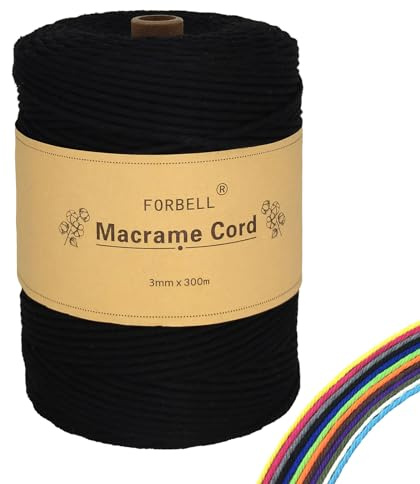 FORBELL Filato macramè, 3 mm x 300 m, filato di cotone premium, per fai da te (nero, 3 mm x 300 m)