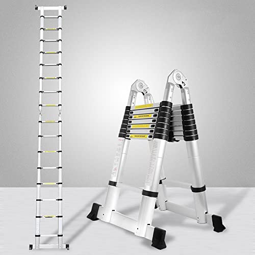 Eulenke 5M (2,5+2,5M) Teleskopleiter, Rutschfester Klappleiter 150 kg Belastbarkeit, Aluleiter Haushaltsleiter für Hausreparaturen Dekoration Wandanstrich, Ausziehbare Leiter, Multifunktionsleiter
