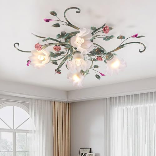 Lampara Techo Estilo Rústico,Plafon Led Techo De Araña Con Pantalla De Vidrio Y Rosas De CeráMica Rosa,Lampara Techo Colgante Diseño De Flores Para Sala De Estar Dormitorio Restaurante Pasillo
