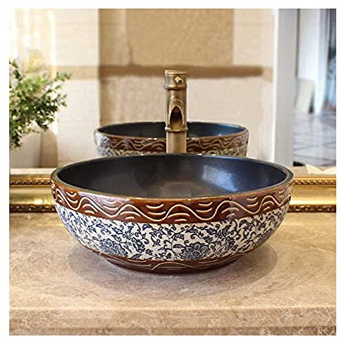 sjdoPulse Lavandino in Ceramica da Appoggio retrò, Lavabo in Ceramica da Appoggio, Lavabo Artistico Rotondo, Lavello del Bagno della Cucina, Senza Altri Accessori