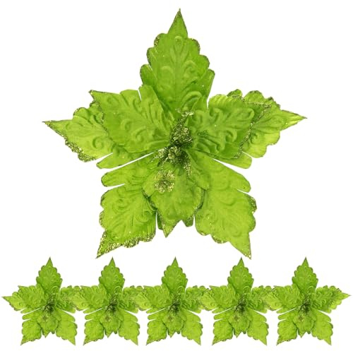 Lot de 6 fleurs de poinsettia de Noël pailletées en velours à paillettes de 27,9 cm de large, décorations florales artificielles pour travaux manuels, couronne, décoration (vert)