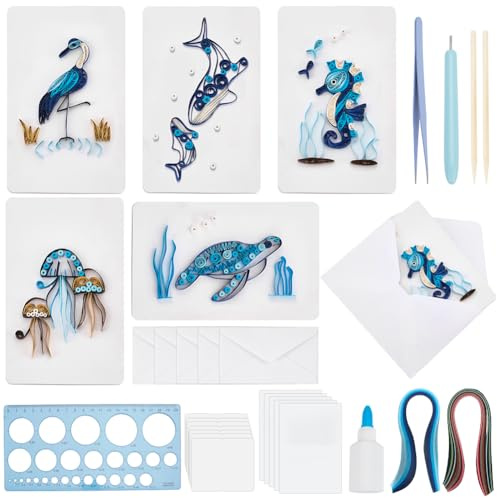 WEBEEDY 20 Sets Paper Quilling Kit for Adults Beginners 5 Styles Turtles Dolphins Flamingos Jellyfish Seahorses Quilling Greeting Card Making Kit with Instruction DIY Sea Animals Cards for Birthday