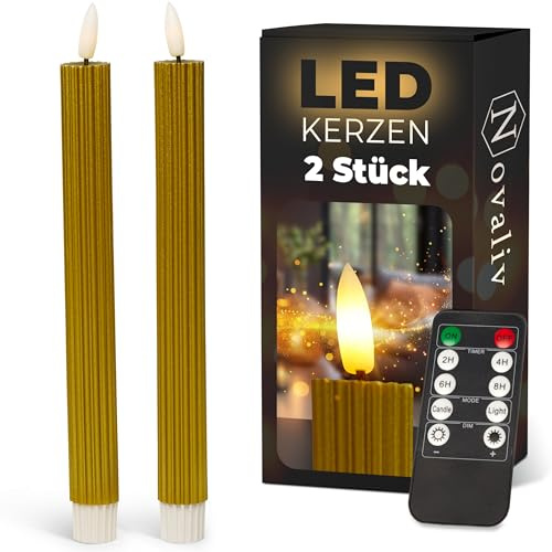 Stabkerzen LED mit Timer GOLD 2er indoor mit Timer Funktion 6 Stunden ECHTWACHS gerippt 23cm Höhe für Kerzen 2,2cm Durchmesser 2 AAA Batterien notwendig LED Stabkerzen flackernde Flamme bewegliche