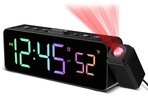 Netzu Projection Alarm Clock for Bedroom Ceiling, Small Compact Plug-in Digital Clocks with 180° Rotatable Projector, Temperature 4 Levels Birghtness, 3 Volumes and Snooze (RGB)