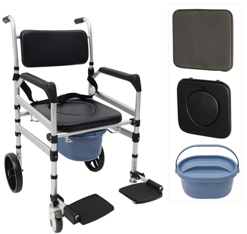 3in1 Toilettenstuhl Duschstuhl/WC Stuhl Rollstuhl Bis 150 kg Belastbar für Senioren Sitzbreite 42 cm, Höhenverstellbarer 46-51cm,Klappbarer Mobiler Toilettenstuhl aus Aluminiumlegierung,stabil & siche