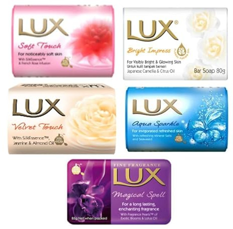Lux Family Pack Soap Bar Bundle, 5 Pack Variety - Soft Touch, Magical Spell, Bright Impress, Aqua Sparkle, Velvet Touch, 80g Each
