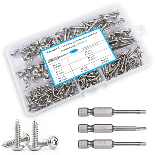 Dayalo 220 stycken plåtskruvar Torx M3/M4/M5, rostfritt stål A2 V2A med bit | Självgängande med spets och full gänga; linshuvud med skiva, silver, för tunn plåt, aluminium och plast