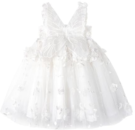 Miipat Vestido de Bebé de Tul para niña con Mariposa Vestido de Princesa Sin Mangas Bordado Floral para Niñas Pequeñas para Fiestas de Bodas y Cumpleaños (Blanco Flor,3-4 Años)