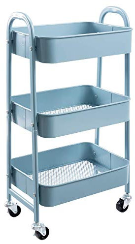 DOEWORKS Servierwagen mit Rollen Rollwagen Metall 3 Etagen Küchenwagen Bastelwagen Rollwagen Küche Aufbewahrungswagen für Wohnzimmer Schlafzimmer Badezimmer Büro, Grau Blau