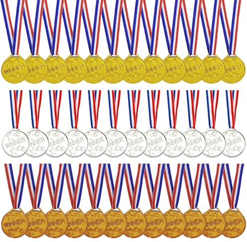 Dronside 36 Pieces Kids Gold Silver Bronze Award Medals, Childrens Plastic Medals Winner Gold Silver Bronze Award Medals for Kids Gift, Games Competitions, Party Favors and Decorations