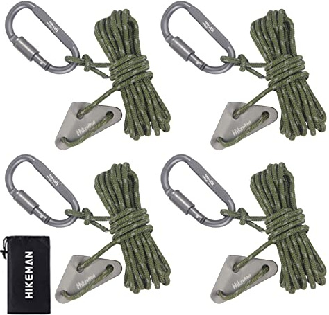 4M Reflective Tent Guy Ropes - Outdoor Tent Guide Rope with Locking Carabiner Clip,4mm 100% Nylon Cord Wind Line with Aluminum Guy Rope Tensioner for Awning Camping (Armygreen)