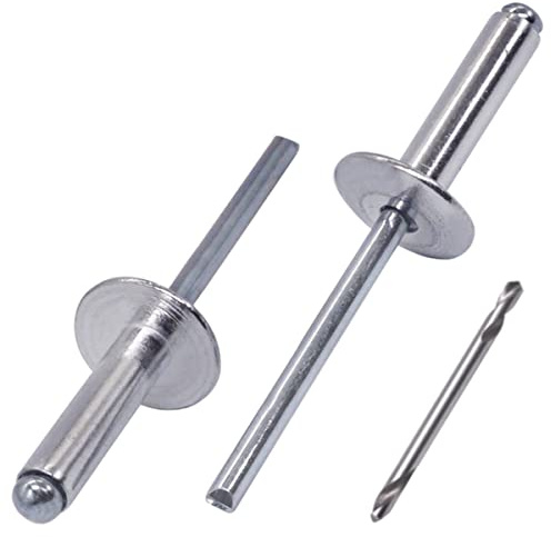 SKIR'CO (150 pcs) Large Flange Aluminium Blind Rivets 5.0 x 20 mm, Steel Mandrel, Drill Bit Included
