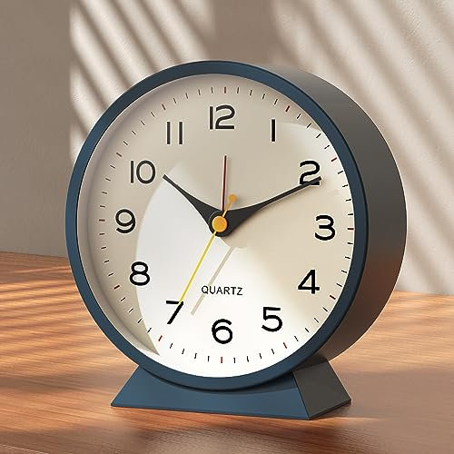 AYRELY 4.5 Analogue Alarm Clock, Small Retro Metal Desk Clock, Battery Operated, Silent and Non-Ticking, with Night Light for Bedside, Bedroom, and Living Room Decor (Blue)