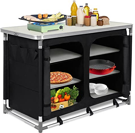 XMTECH Campingküche mit Aluminiumgestell Campingschrank Ink. Tragetasche,Outdoor Camping Küche,Reiseküche Küchenbox Zeltschrank Faltbar, pflegeleicht und leicht 100 x 50 x 80 cm