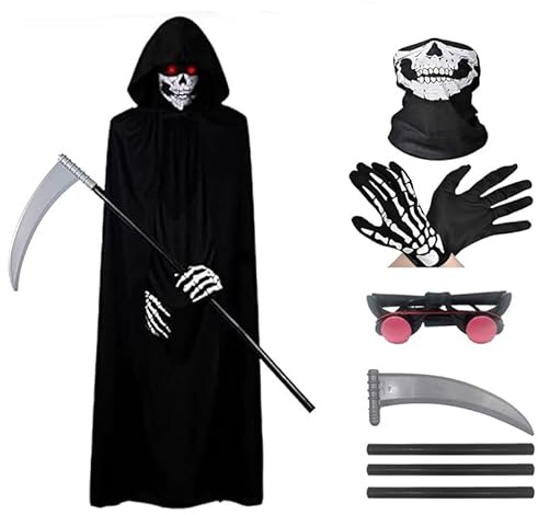 ELINA Costume Cape de Cosplay de Carnaval d'Halloween de Faucheuse-avec Faux de la Mort,Gants Squelette,des Lunettes Lumineuses et un Masque Squelette XLarge (175 cm à 190 cm)
