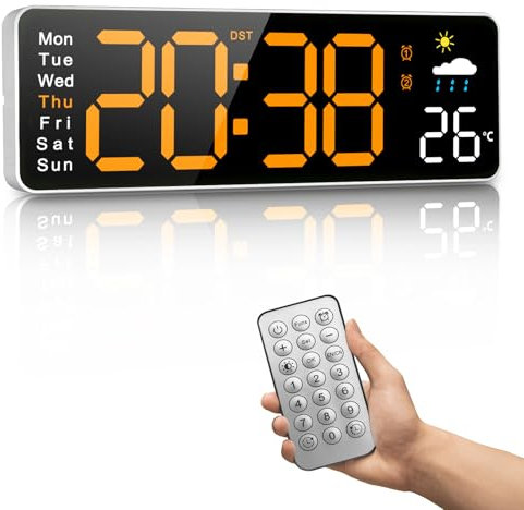 Orologio da Parete Digitale, Orologio Digitale da 12 con Telecomando, Ora e Temperatura Settimana, Bollettino Meteorologico, Timer, Auto-oscuramento, per Soggiorno/Aula/Palestra/Chiesa/Negozio/Garage
