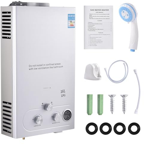 Calentador de agua a gas GLP 16L, calentador instantáneo de 32 kW con pantalla digital multiprotección, calentador instantáneo sin depósito montado en la pared con kit de ducha, para camping,