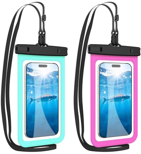 HopMore 2 Pack Waterproof Phone Pouch with Adjustable Lanyard Up to 7.2, IPX8 Universal Underwater Phone Case Dry Bag for iPhone 16 15 14 13 12 11, Samsung S25 S24 A56 A36 A16 - Rose + Light Green