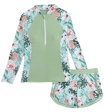 Girls 2 Piece Swimsuits Long Sleeve Swimming Costume with Shorts Tween Girls Tropical Printed Zip Rash Guard Sun Protection UPF 50+ Quick Dry Modest Swimwear (Light Green, 13-14 Years)