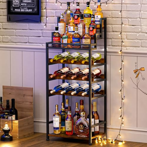Tiered Wine Rack and Liquor Cabinet, Large Capacity Freestanding Floor Wine Storage Shelf for Red Wine, Champagne & Whiskey, Stepped Bottle Display Stand for Home Bar, Living Room, Corner, Dining Room
