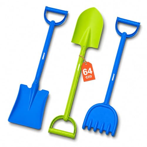 alldoro 68710 XXL Sandspielzeuge Set für Kinder, 2 Schaufeln & 1 Harke, je 64 cm, robustes extra großes Spielzeug für kleine Baumeister ab 18 Monaten