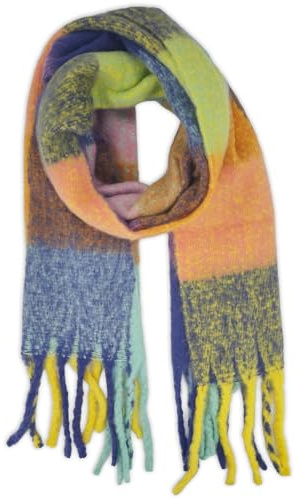 styleBREAKER Bufanda para mujer con estampado de cuadros | Chal largo con flecos gruesos | Suave bufanda de invierno de punto en material cálido, Menta-Violeta-Amarillo