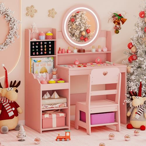 Costzon Kids Vanity, Girls Vanity Set with Mirror and Lights, Jewelry Storage, Shelves, Princess Toddler Makeup Vanity Desk Dressing Table, Wooden Kids Vanity Table and Chair Set (Pink)