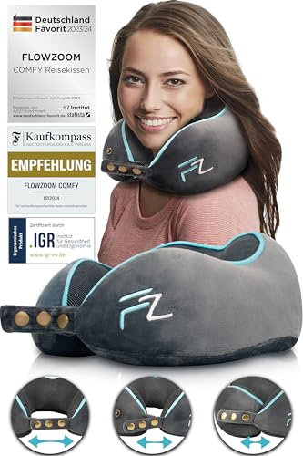FLOWZOOM Comfy Nackenkissen Flugzeug & Auto - Einstellbares Memory Foam Reisekissen mit flexiblen Druckknöpfen für 360° Stütze, atmungsaktiver weicher Bezug - inkl. Transportbeutel - Grau