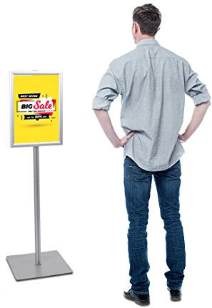 MyMAXXI | Infoständer Shop DIN A3 Klapprahmen freihstehend, mobiler Plakathalter auf Aluminiumprofil, Plakatständer mit Standfuß aus Edelstahl silber, Bodenständer