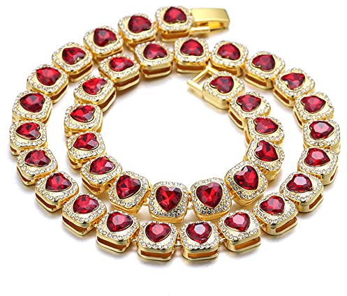HALUKAKAH Diamant Chaîne Cubaine pour Hommes,13MM Plaqué Or Véritable 18 Carats Coeur Aimant Rubis Diamant Collier 50cm,Ensemble de Broches Diamants Laboratoire,avec Coffret Cadeau Gratuit