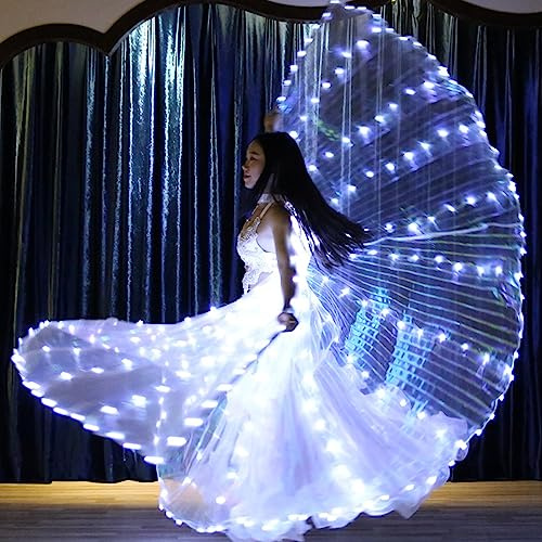 Ailes LED lumineuses pour danse du ventre - Ailes de papillon à DEL colorées avec bâtons télescopiques - Vêtements de performance pour carnaval, scène, Halloween, Noël (adultes, lumière blanche)