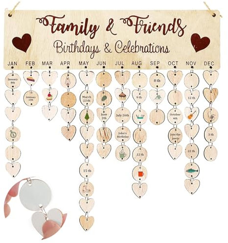 Family and Friends Calendar, DIY Wooden Birthday Calendar Wall Hanging Birthday and Celebrations Reminder Plaque with 50 Round Discs and 50 Heart Tags for Family Friends Birthday Reminder Home Wall Decor