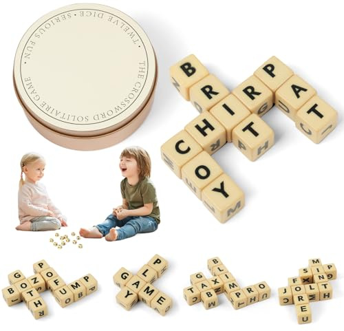 Vicloon Crossword Solitaire Game, Fun Word Combination Game, Crossword Solitaire Dice Game, Travel Scrabble Letter Tiles with 12 Dices, Educational Scrabble Letter Tiles
