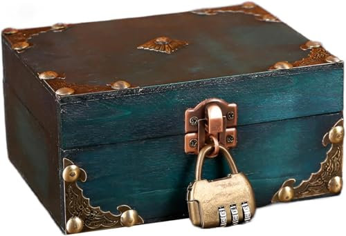 Ruikcoll Coffre au trésor vintage en bois, Coffre au trésor avec serrure à combinaison, Coffre à trésor vert pour rangement, Coffre de pirate en bois vintage, pour ranger et décorer les cadeaux