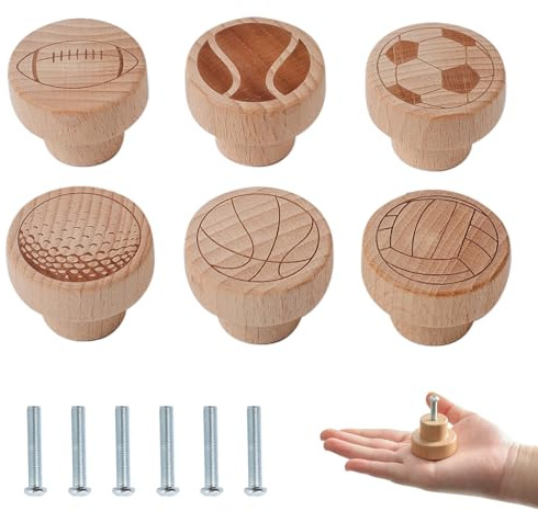 OESSUF 6PCS Kugeln hölzerne Schrankknöpfe, 35mm runde Möbelgriff Schublade Türknöpfe ziehen Griffe für Schrank Garderobe Möbel Hardware