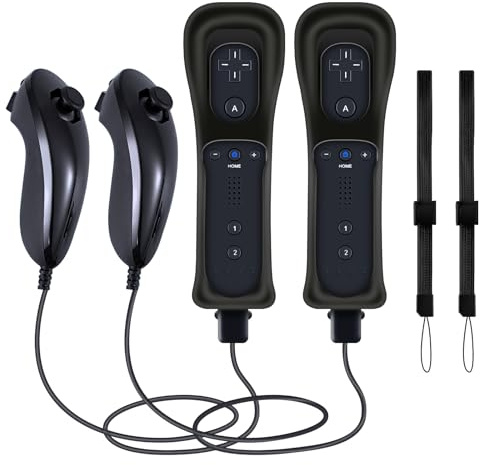 CLVIZCXOM 2 Sets Remote Fit for Wii/Wii U with MotionPlus (Black & Black) | 2 Remotes + 2 Nunchuks + 2 Cases + 2 Straps, Compatible with Nintendo Console