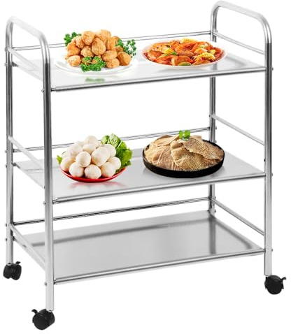 homewell Carro de servicio de acero inoxidable, con 3 niveles, capacidad de 75 kg, carrito de acero inoxidable, con ruedas, carrito de cocina, restaurante, hotel, carrito de servicio
