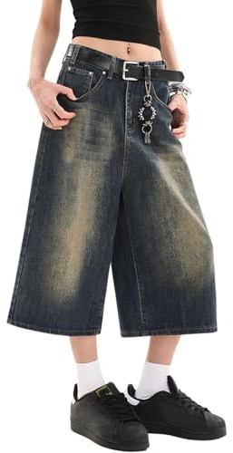Lafaguw Jeans Corti per Donne Uomini a Vita Alta Gamba Larga Jorts Larghi Y2K Casual Denim Capris Pantaloni Grunge Vestiti Estivi., Blu retrò 1, Small Pantaloncini