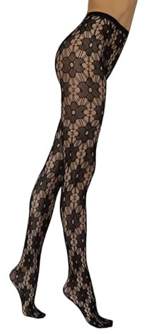 Sarah Borghi Rakel Collant Donna Fantasia, Calze a Rete con Fantasia Floreale, Made in Italy (nero, 1/2)