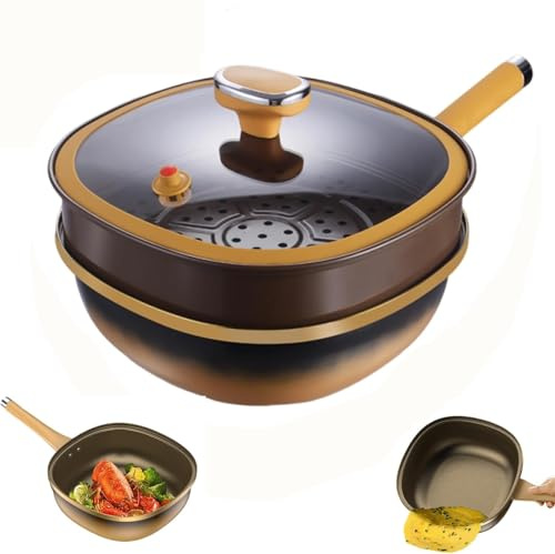 Pentola antiaderente in lega di titanio da 12 pollici con coperchio, padella profonda multiuso con vaporiera, per friggere, cuocere al forno, funziona su induzione, gas, elettrico(Pot+Lid+Steamer)