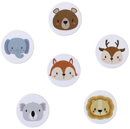 SARAHLOUISEJENKINSLTD Lot de 6 boutons d'armoire en bois pour chambre d'enfant, motif animal, ronds, boutons de meubles, boutons de tiroir avec vis, blancs