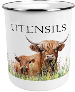 Purely Home Highland Cow & Calf Large Metal Utensil Pot - Stylish Farmhouse Tin Kitchen Utensil Holder/Organiser for Countertop - 15cm(h) x 14cm(dia.)