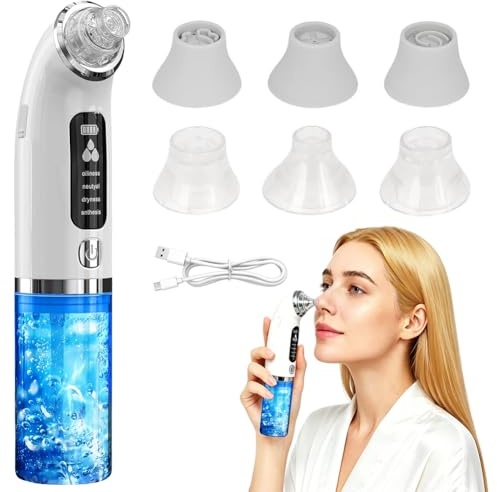 Limpiador de poros con depósito de agua visible, 75 kPa de gran succión, 4 modos y 6 cabezales para limpieza facial, color blanco