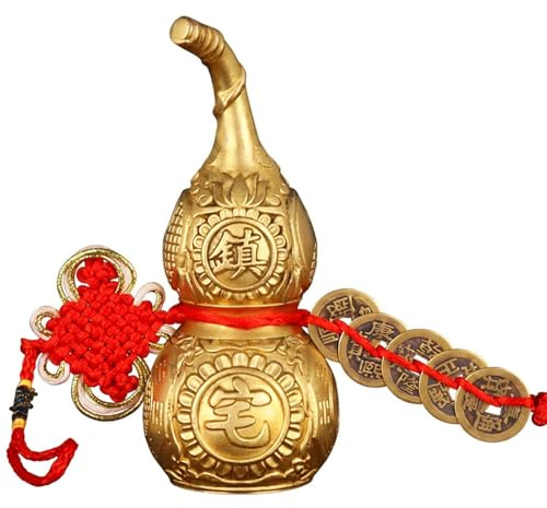 Wu Lou Feng Shui, auténtico Adorno de Calabaza Feng Shui de latón (Wu Lou) con Moneda Antigua y Nudo Rojo, decoración China para el hogar, Calabaza de la Buena Suerte, decorac